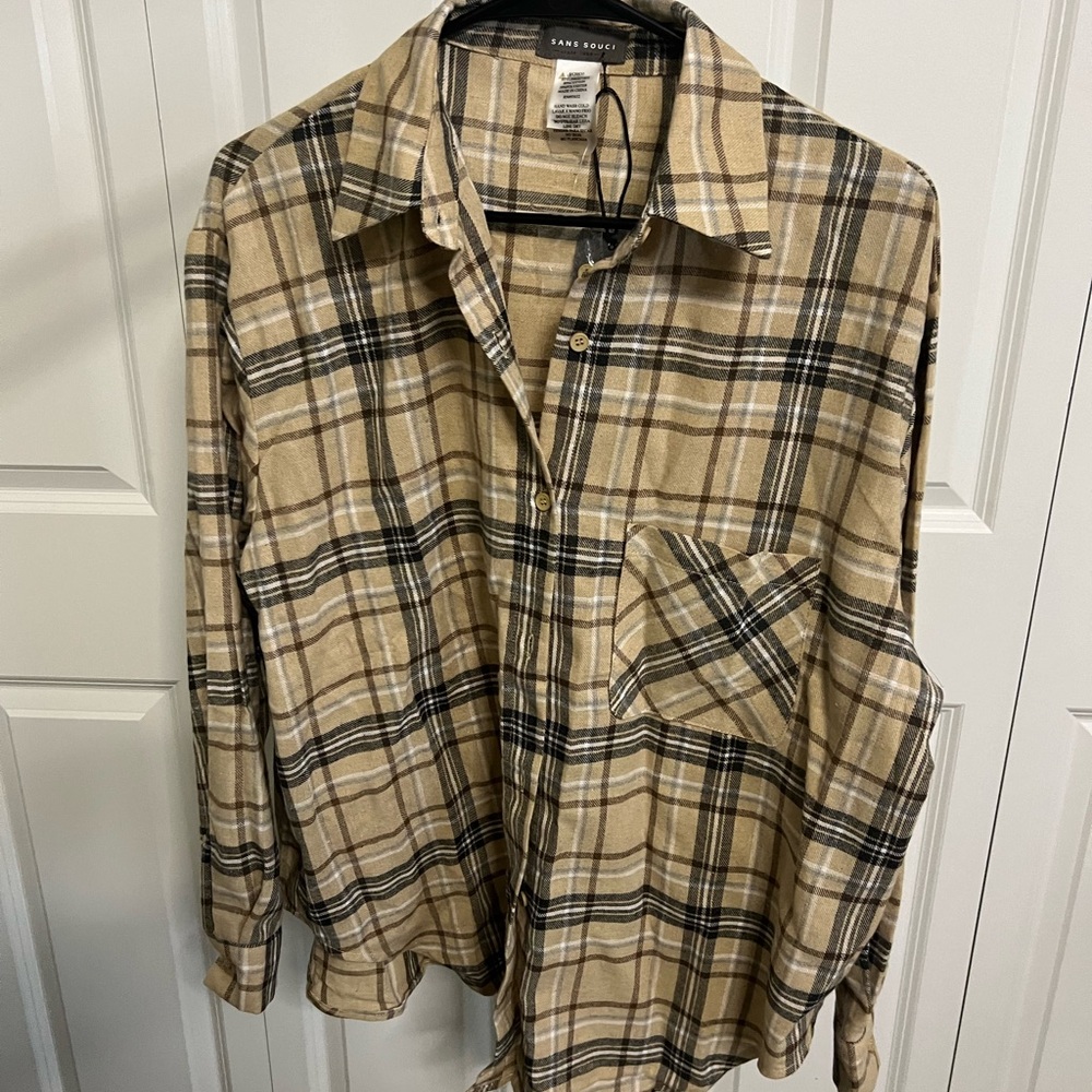 Sans Souci Tan Plaid Button Down Shirt